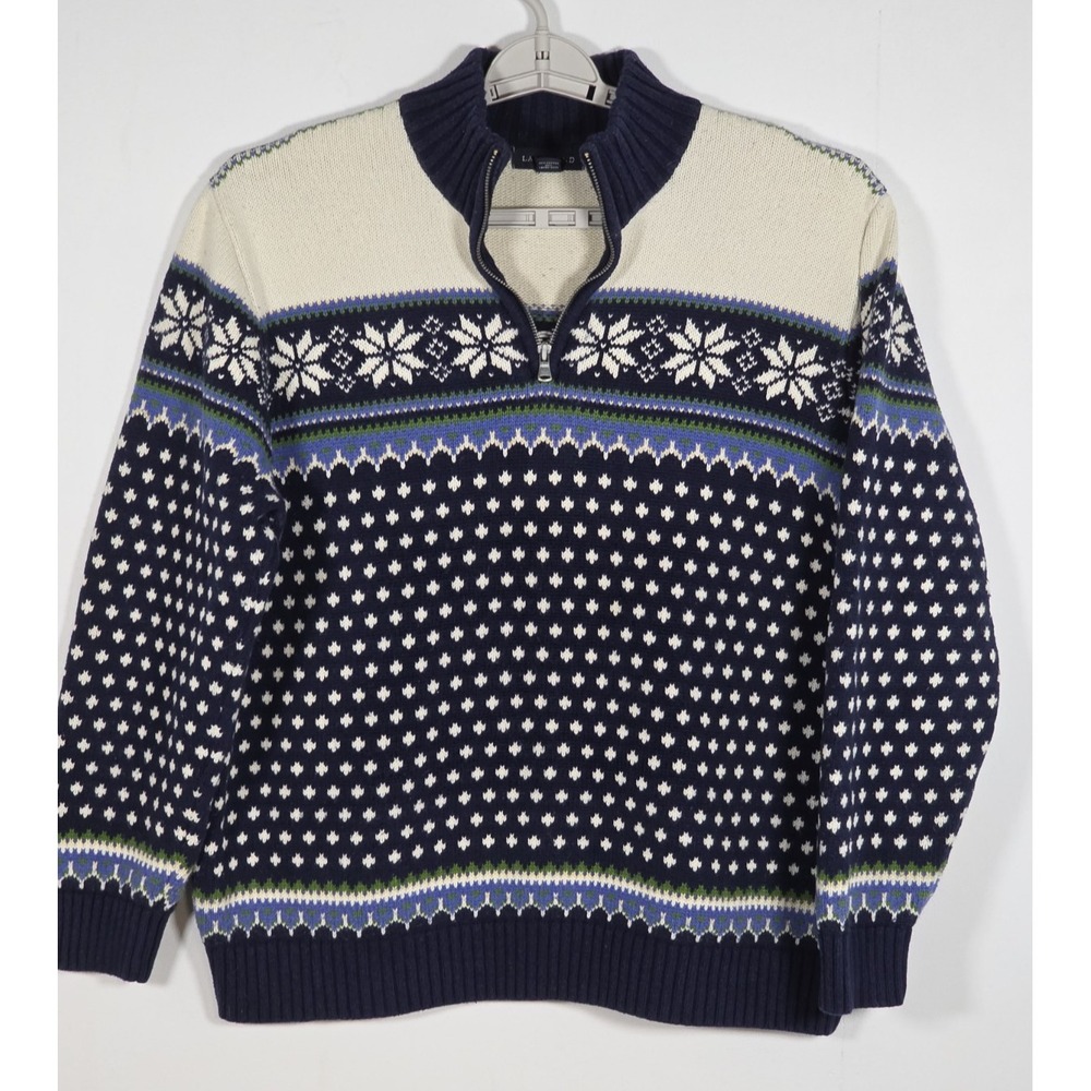 Lands End Mens L Sweater Quarter Zip Blue White Cotton Lambs Wool Fair Isle Vtg